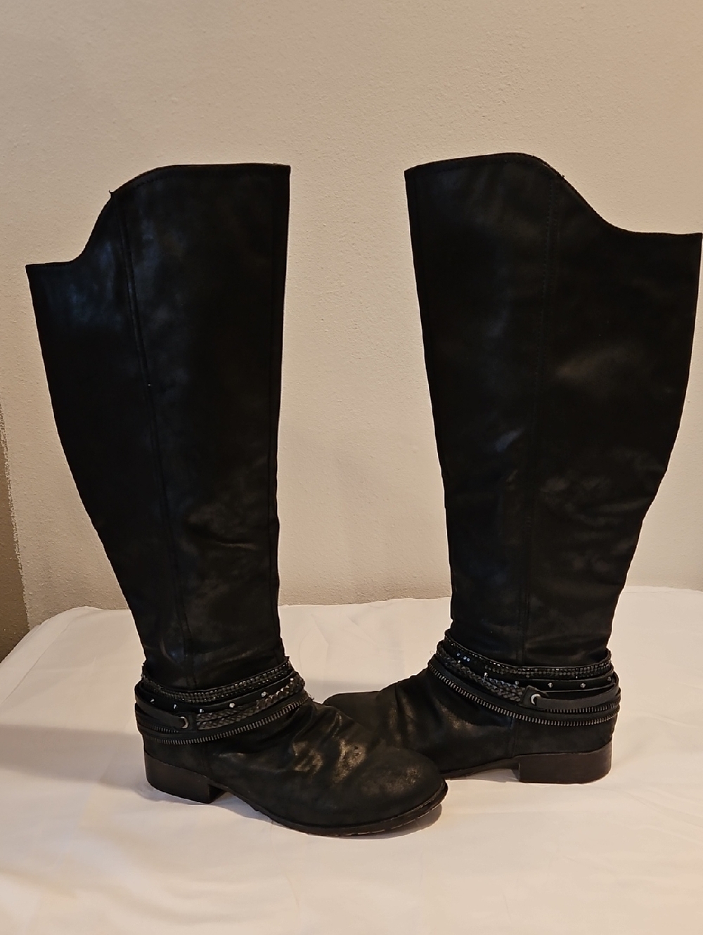 Black Over-the-Knee Women's Boots with Wrap-Around Strap Detail